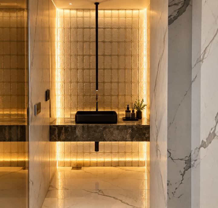 Luxury bathroom vanity with backlit glass block wall and marble tiles – Noida bathroom renovation